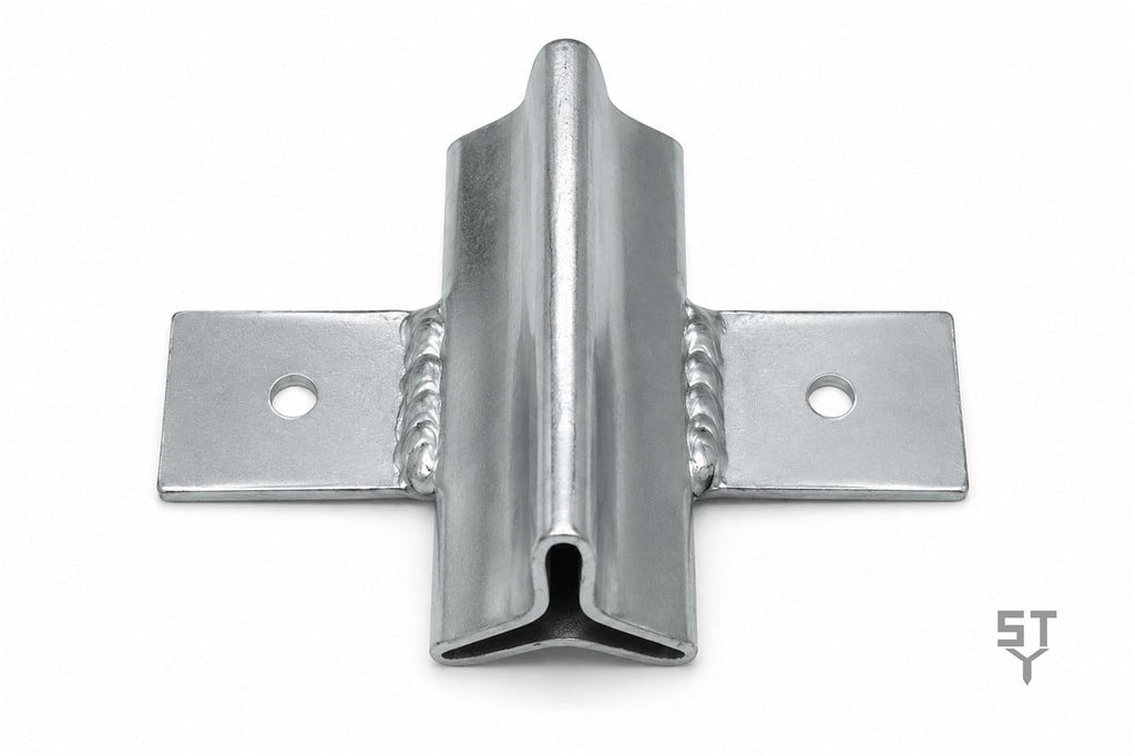 StakeTek Flat Slide-On Bracket — front view showing the star picket Y-profile sleeve and bolt holes