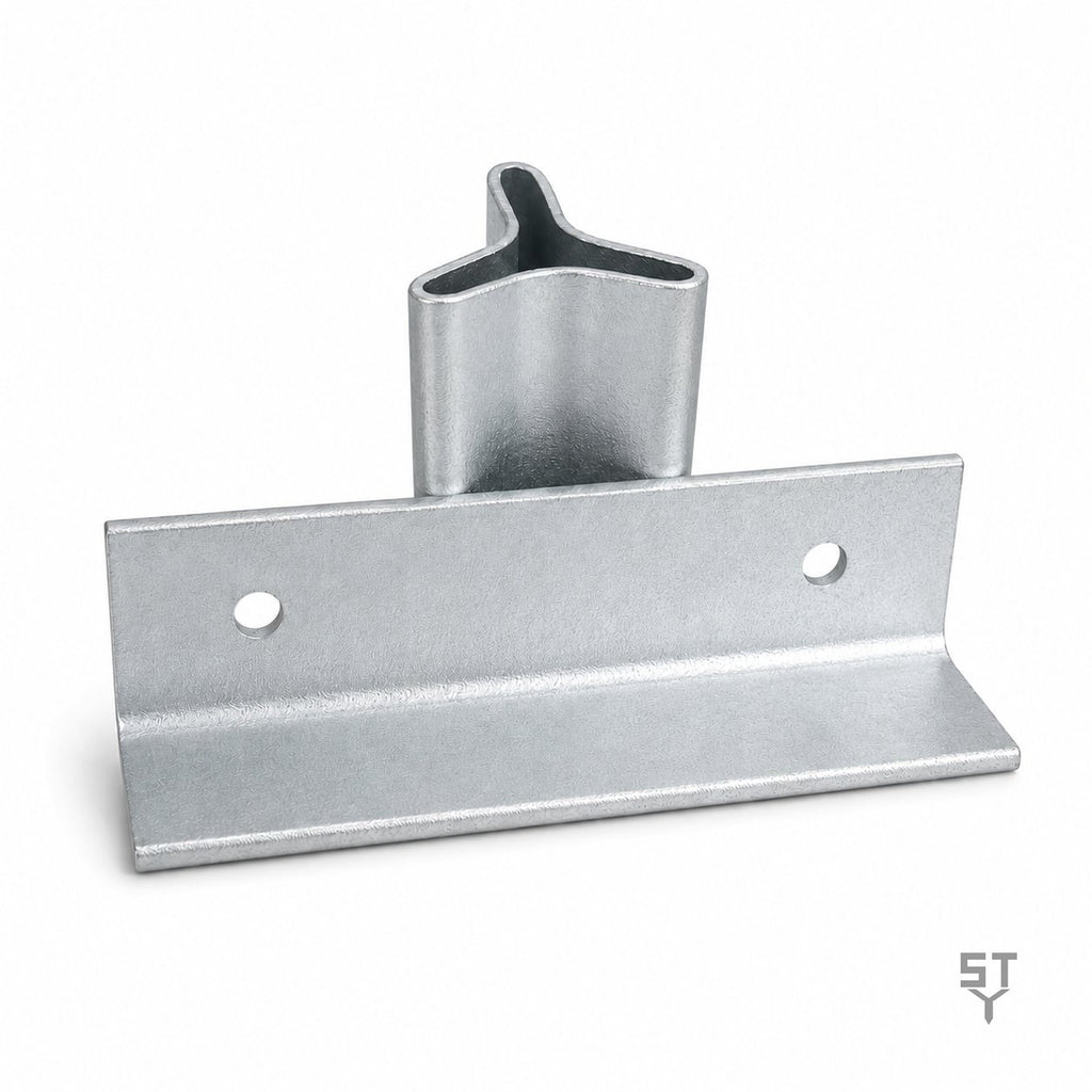 StakeTek supported slide-on bracket in galvanised steel, angled studio view showing the Y-profile sleeve and support angle